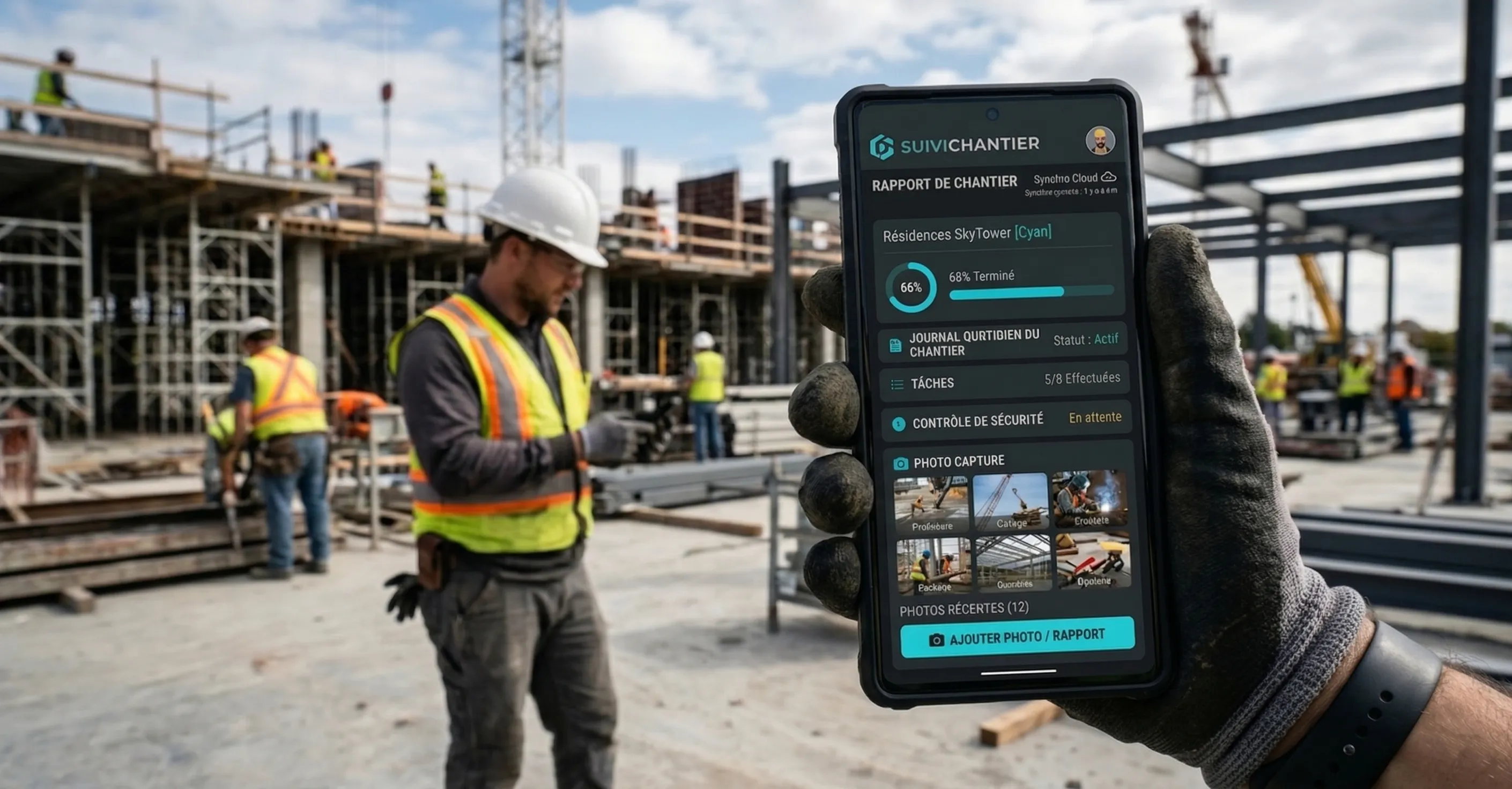 Capture d'écran d'une application mobile de suivi de chantier